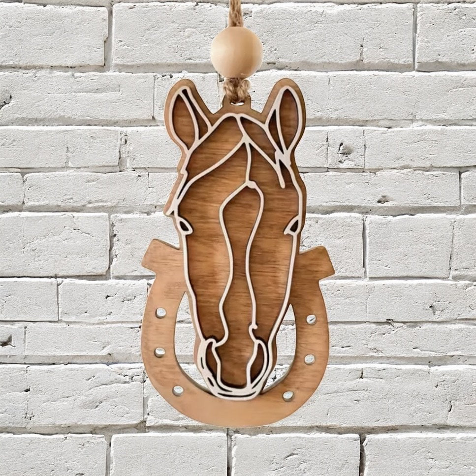 Rustic wooden horse head & horse shoe wall hanging/Christmas tree decoration