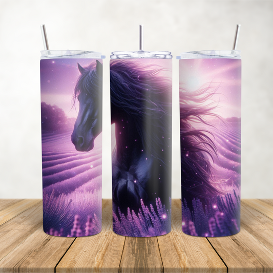 20oz Skinny Tumbler for hot & cold drinks "Stunning Black horse lavender fields"