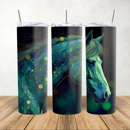 20oz Skinny Tumbler for hot & cold drinks "Blue & green galaxy horse head"