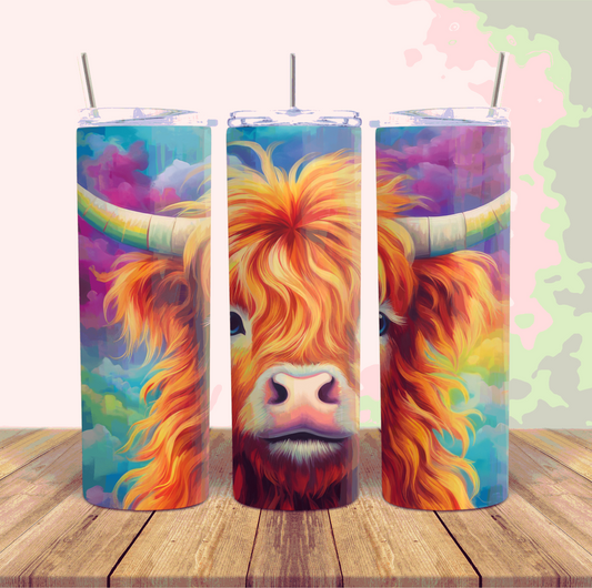 20oz Skinny Tumbler "Vibrant bright rainbow cute Highland cow face"