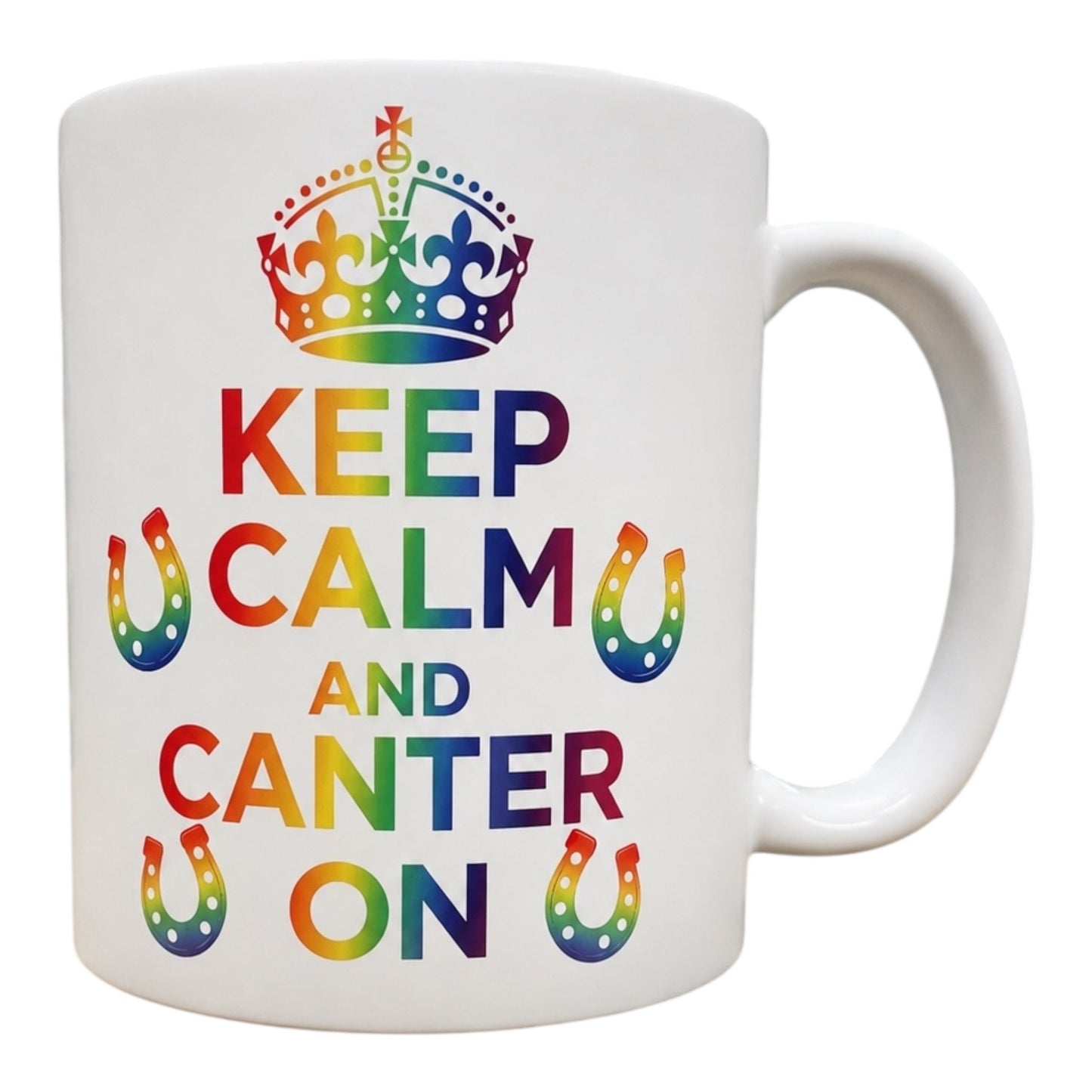 Funny equestrian horse theme mug Keep calm and kick/trot/canter on rainbow version