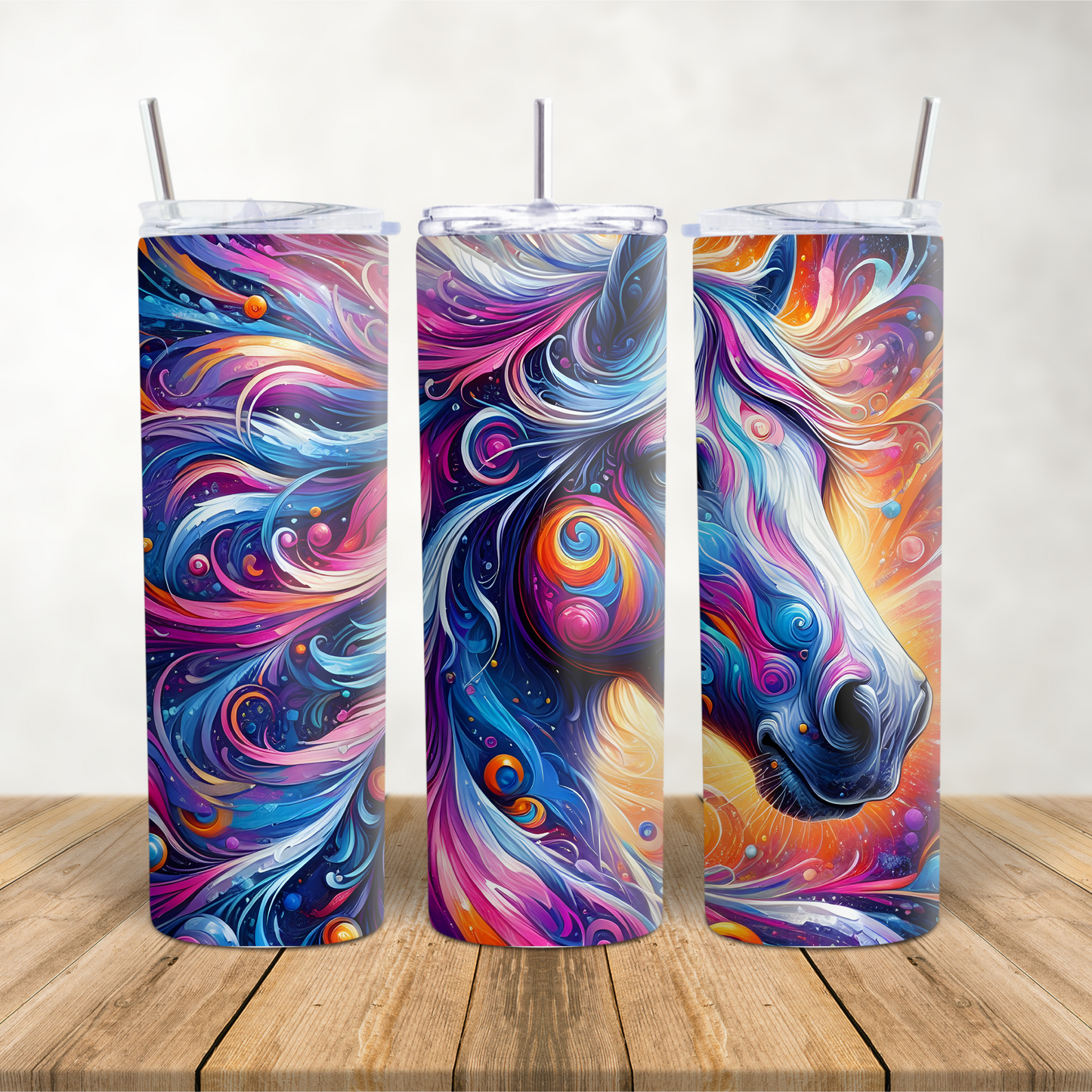 20oz Skinny Tumbler for hot & cold drinks Vibrant swirl horse head