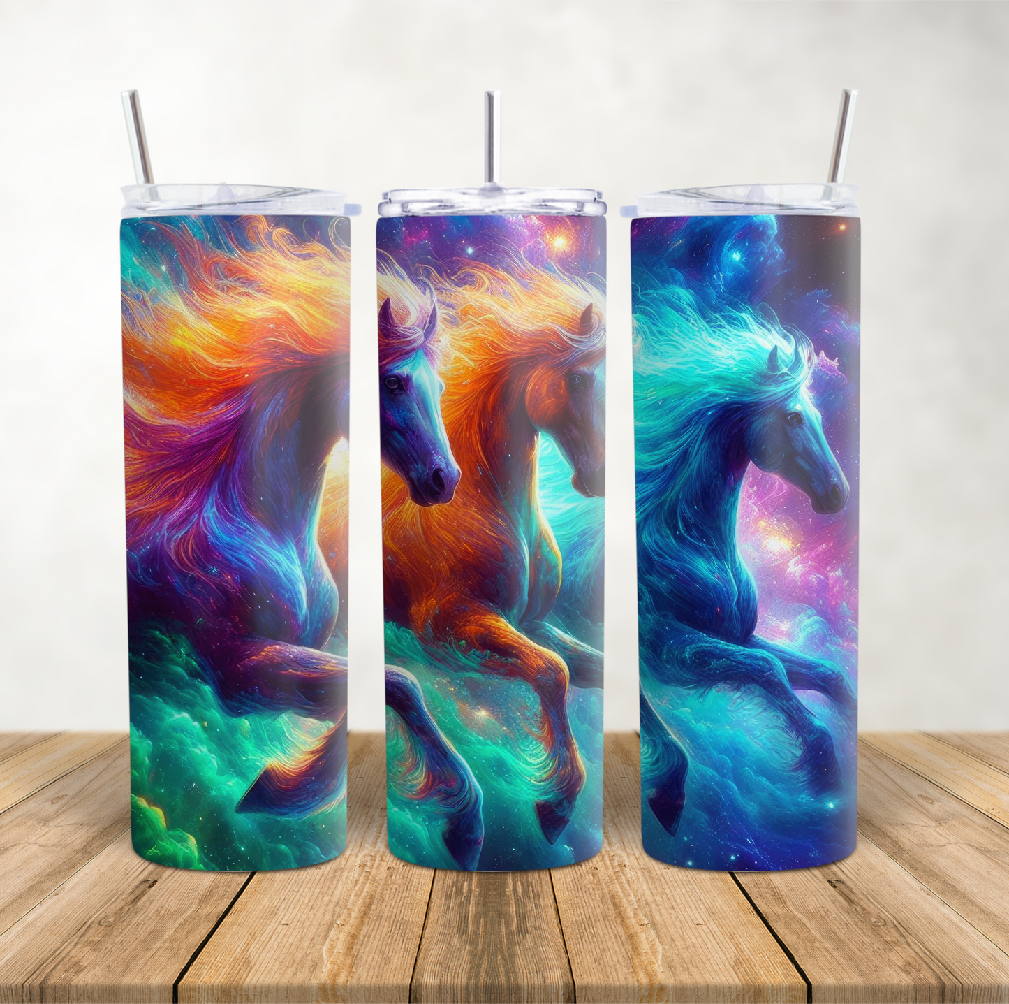 20oz Skinny Tumbler for hot & cold drinks fantasy bright rainbow galloping horses