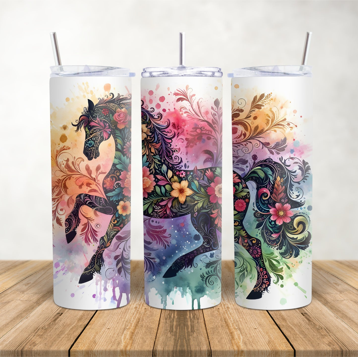 20oz Skinny Tumbler for hot & cold drinks prancing floral watercolour horse