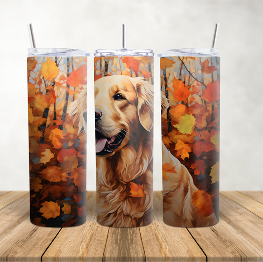 20oz Skinny Tumbler for hot & cold drinks "Golden Retriever dog Autumn leaves"
