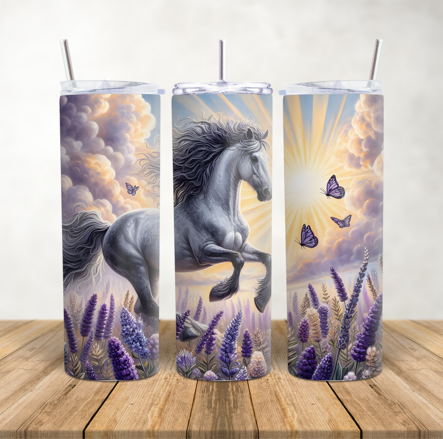 20oz Skinny Tumbler for hot & cold drinks "Stunning Grey horse lavender fields"