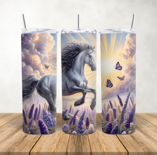 20oz Skinny Tumbler for hot & cold drinks "Stunning Grey horse lavender fields"