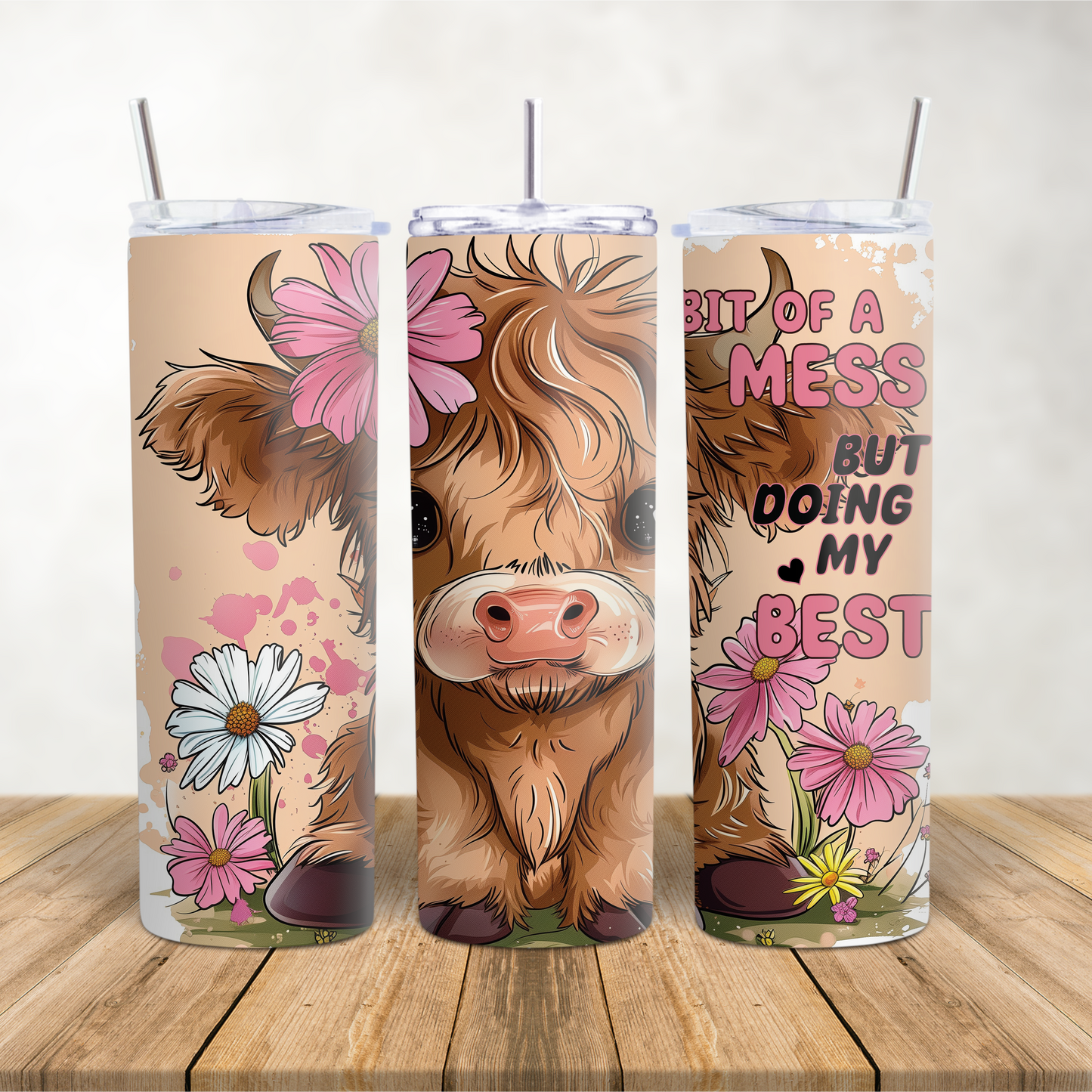20oz Skinny Tumbler "Cute Highland Cow a bit of a mess but doing my best"