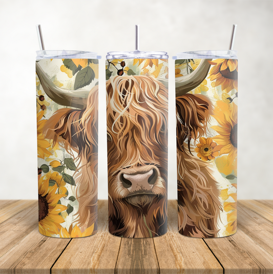 20oz Skinny Tumbler for hot & cold drinks Highland Cow with Sunflowers