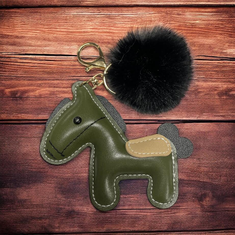 PU Leather look horse keyring with pom pom