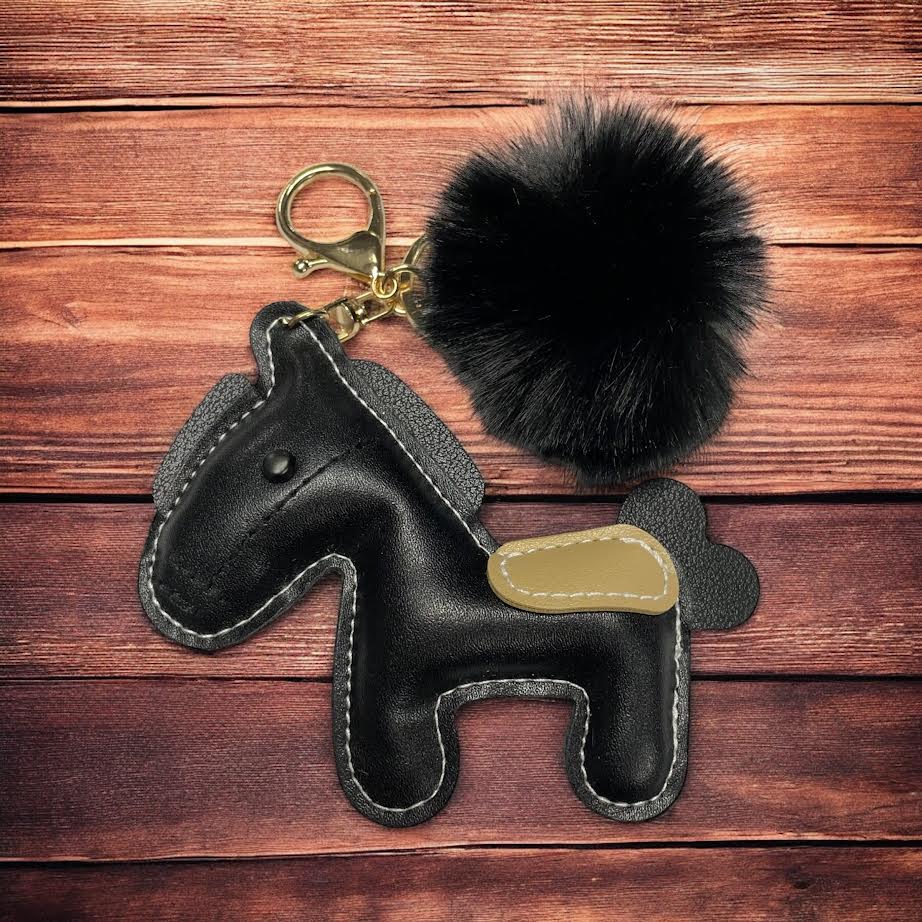 PU Leather look horse keyring with pom pom