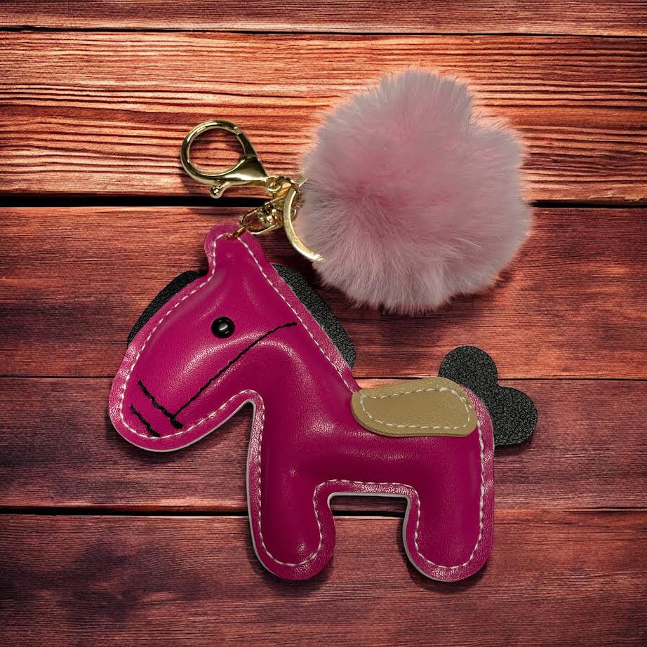 PU Leather look horse keyring with pom pom