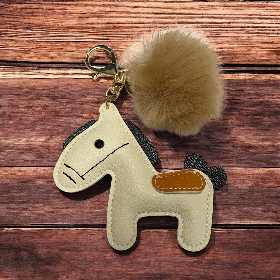 PU Leather look horse keyring with pom pom
