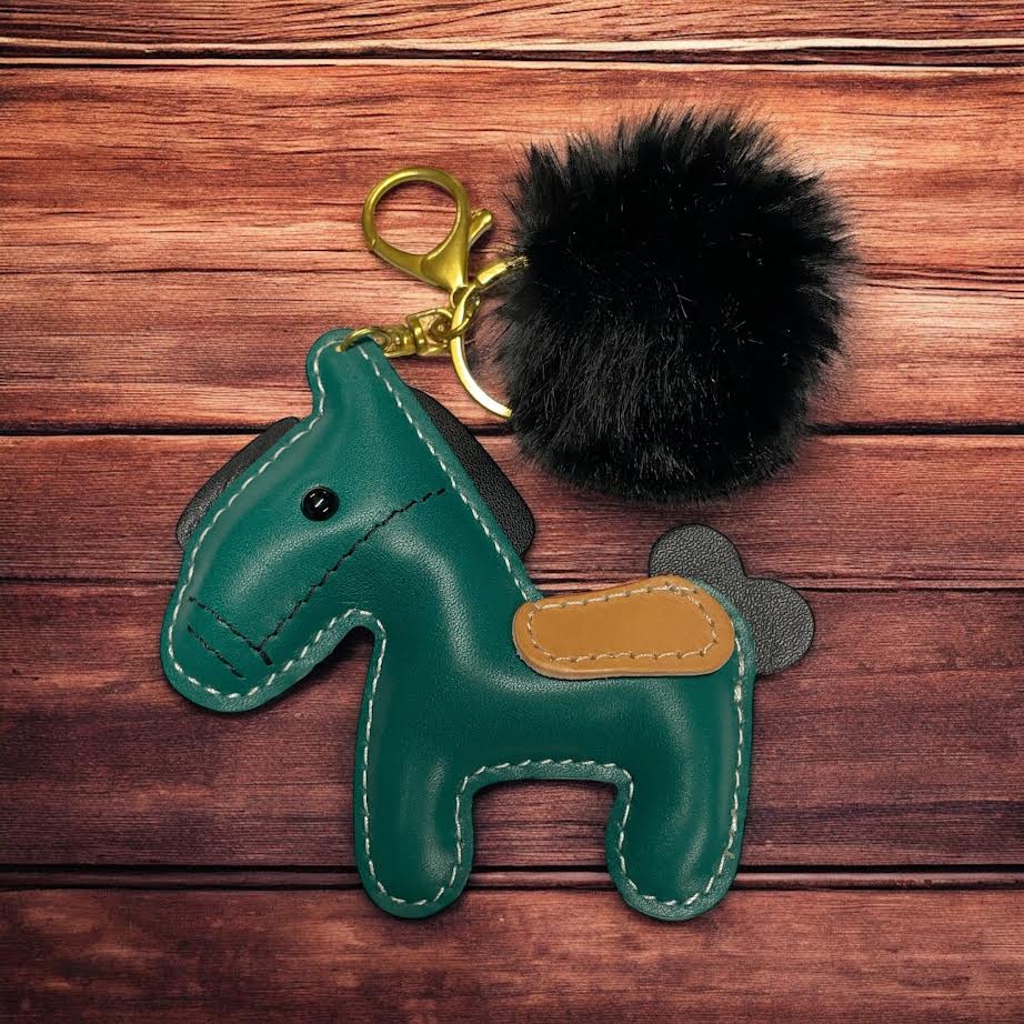 PU Leather look horse keyring with pom pom