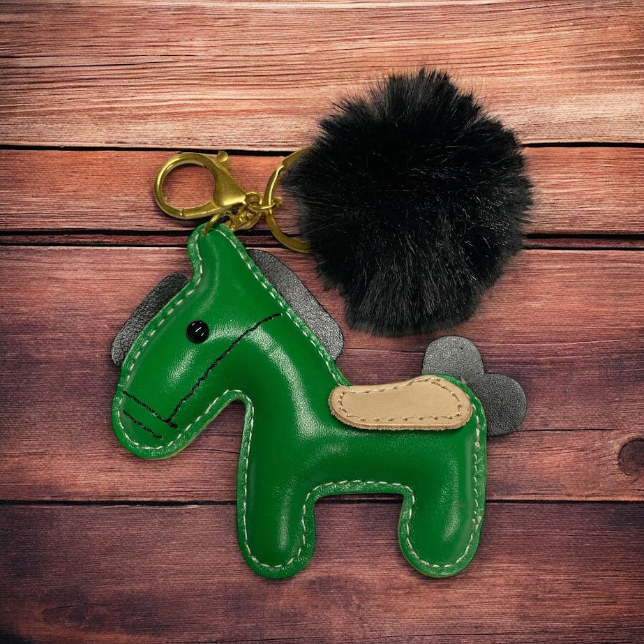 PU Leather look horse keyring with pom pom