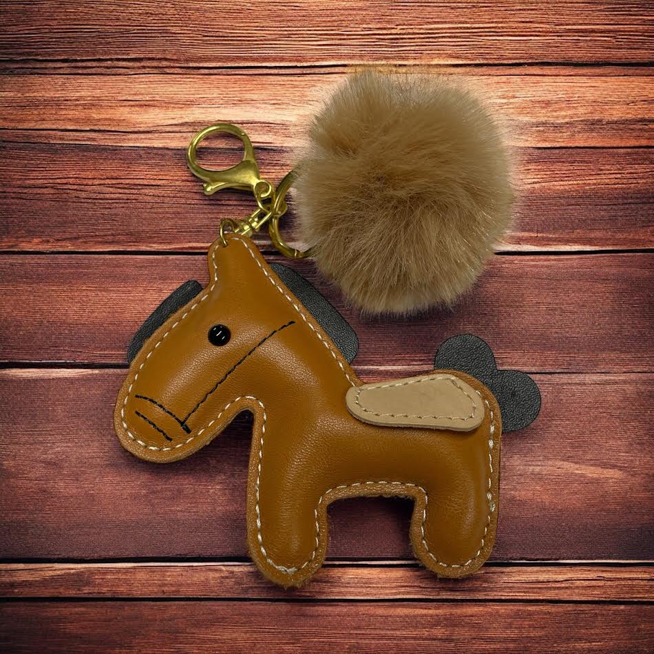PU Leather look horse keyring with pom pom