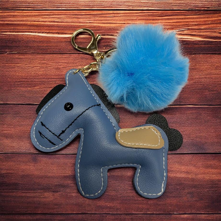 PU Leather look horse keyring with pom pom