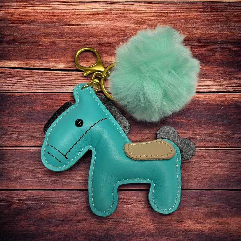 PU Leather look horse keyring with pom pom