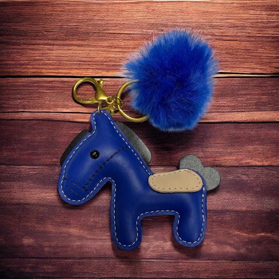 PU Leather look horse keyring with pom pom