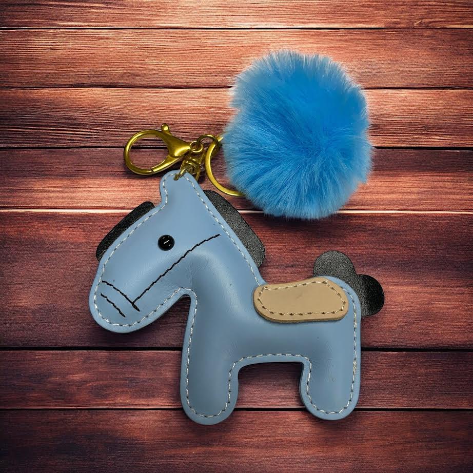 PU Leather look horse keyring with pom pom