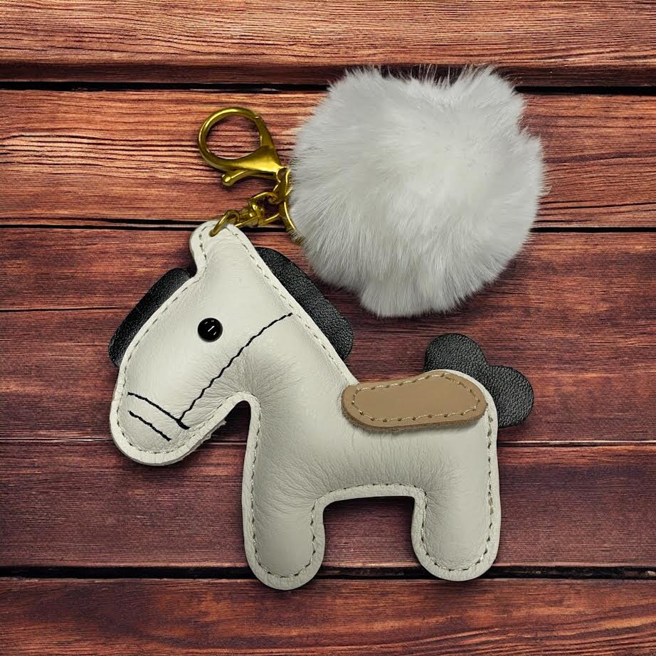 PU Leather look horse keyring with pom pom