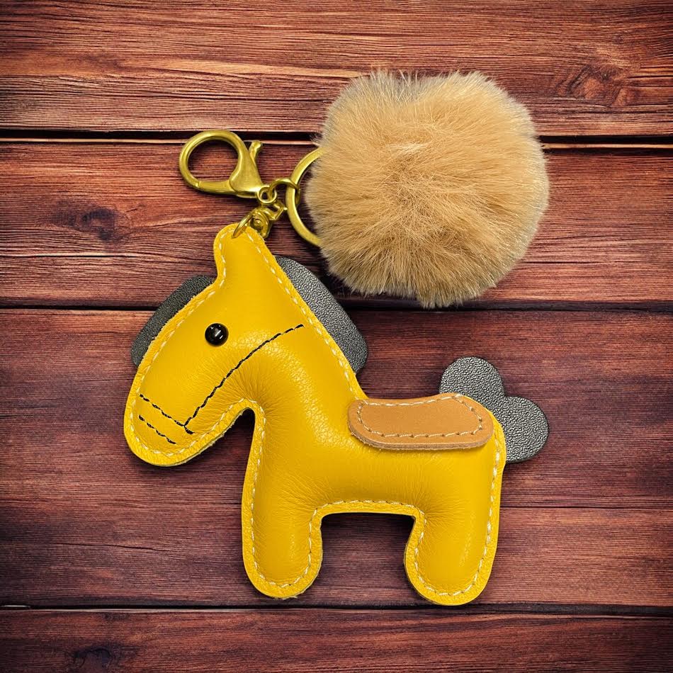 PU Leather look horse keyring with pom pom