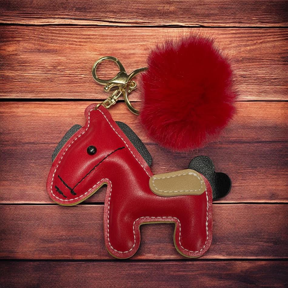 PU Leather look horse keyring with pom pom