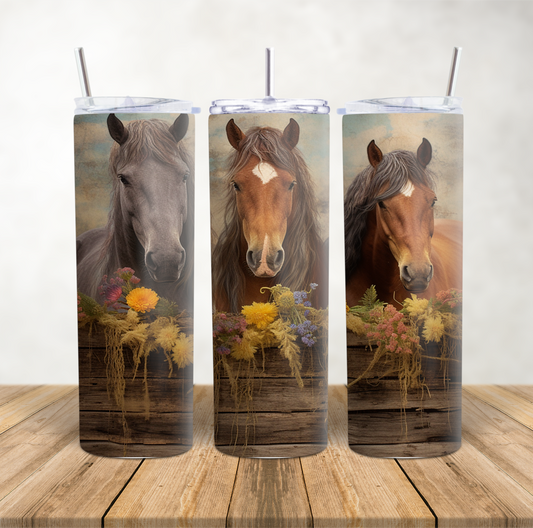 20oz Skinny Tumbler for hot & cold drinks horse trio