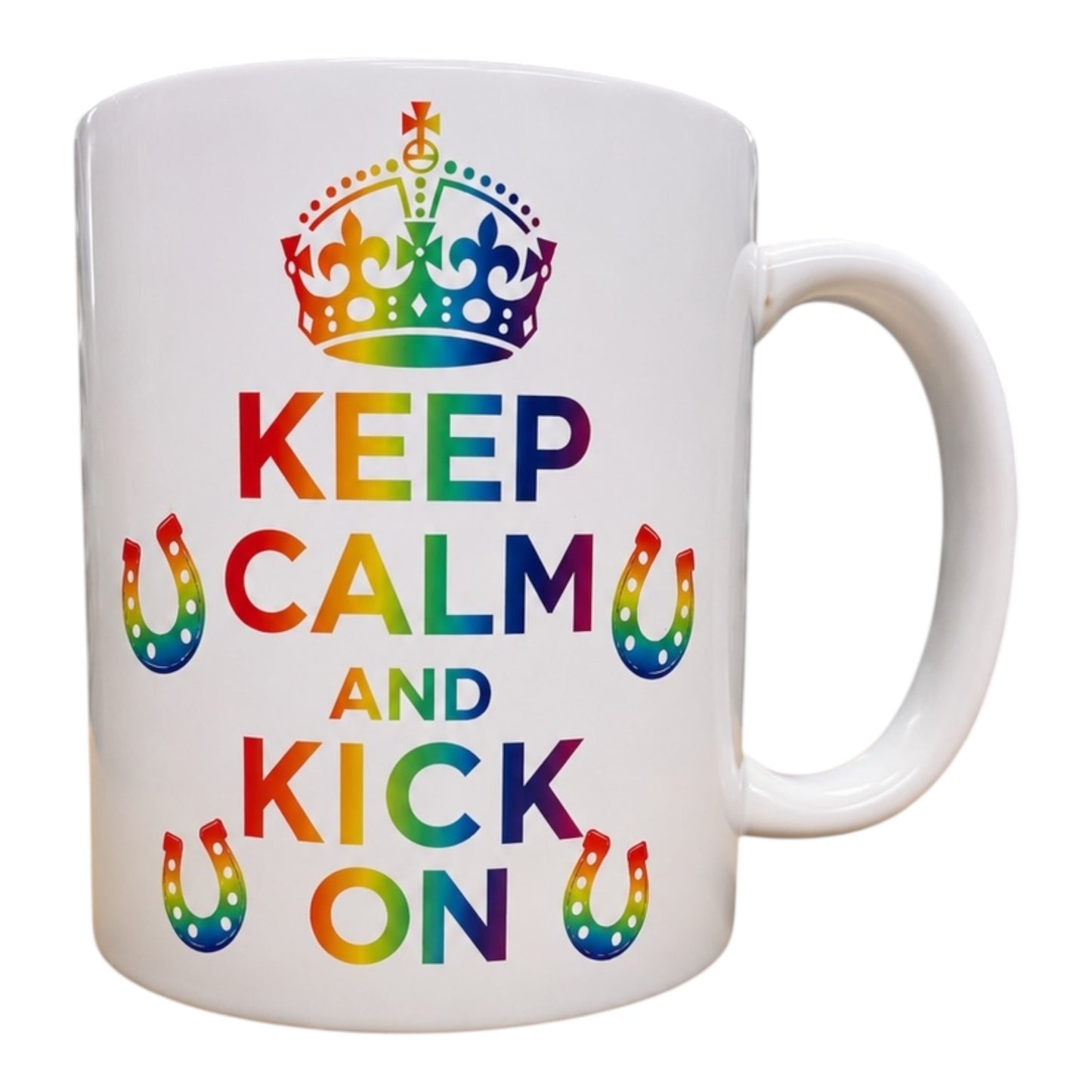 Funny equestrian horse theme mug Keep calm and kick/trot/canter on rainbow version