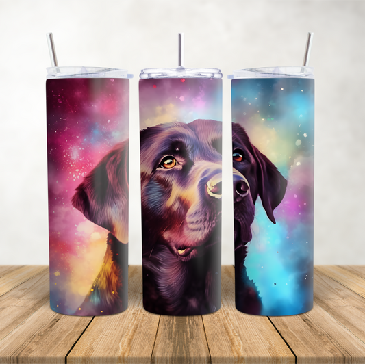 20oz Skinny Tumbler for hot & cold drinks "Galaxy Chocolate Labrador dog"