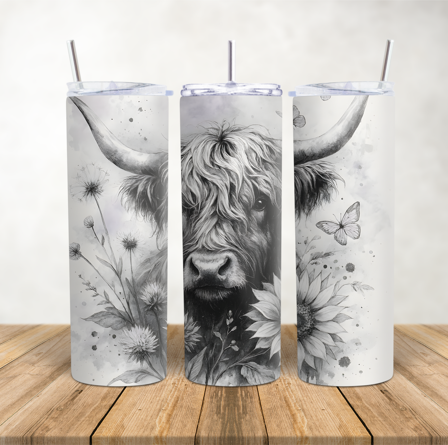 20oz Skinny Tumbler for hot & cold drinks Mono Highland Cow with Sunflower