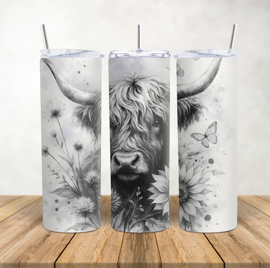 20oz Skinny Tumbler for hot & cold drinks Mono Highland Cow with Sunflower