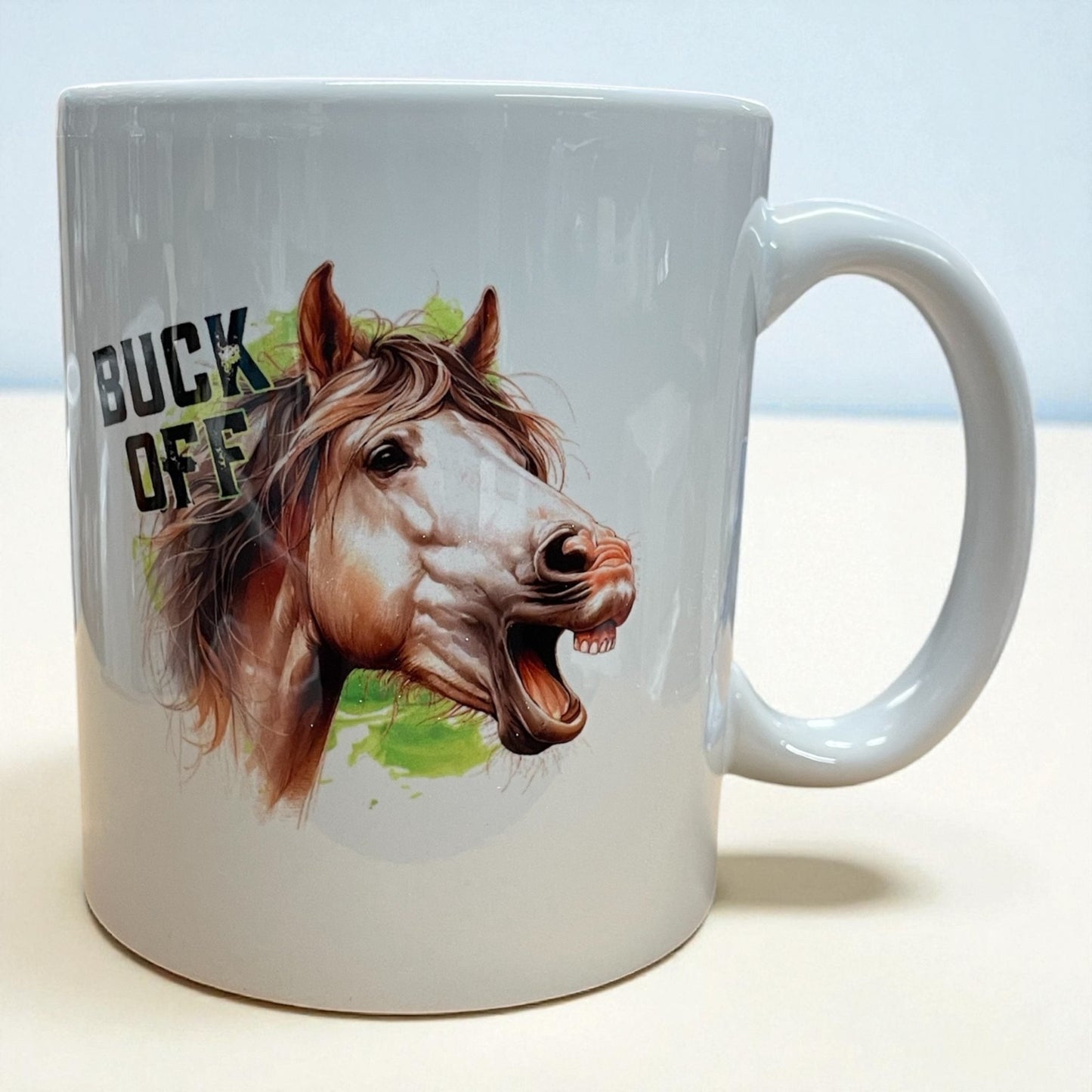 Naughty funny rude horse head ceramic mug 11OZ "Buck Off”