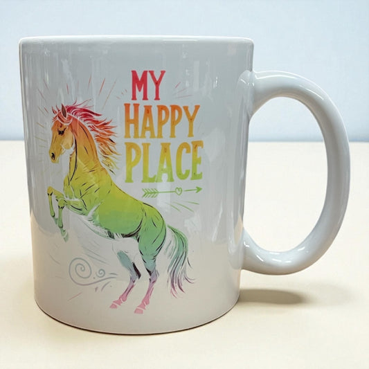 Equestrian theme ceramic mug 11oz rainbow rearing horse "My happy place“
