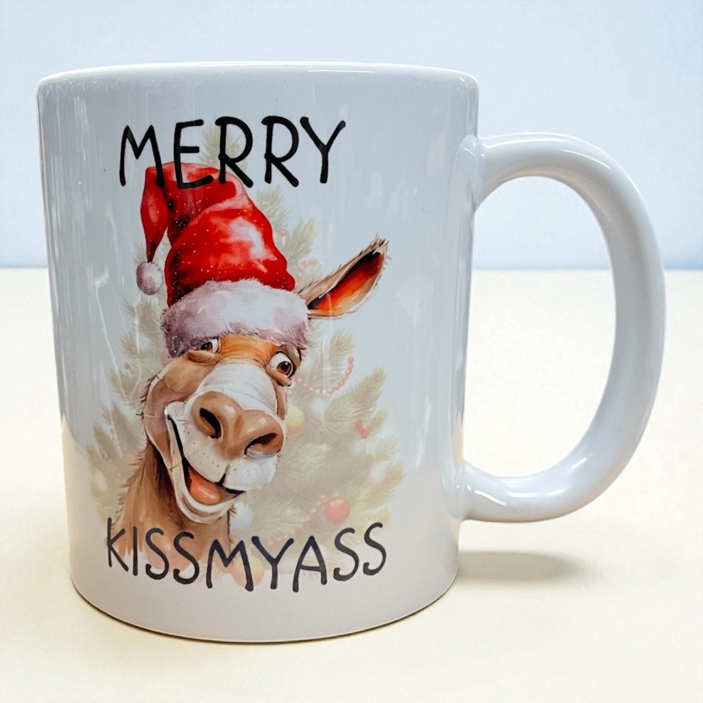 "Merry Kissymyass" rude funny Santa Christmas Donkey Ceramic mug 11oz