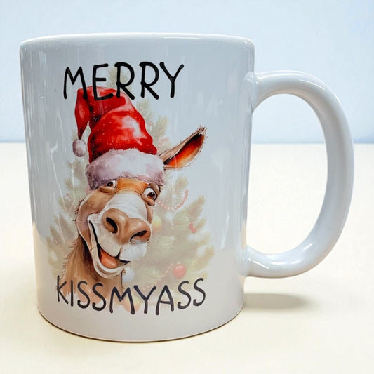 "Merry Kissymyass" rude funny Santa Christmas Donkey Ceramic mug 11oz