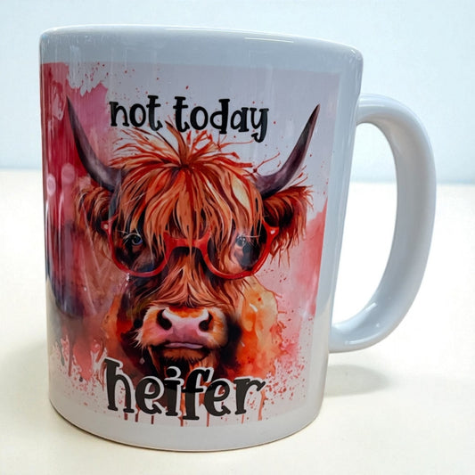 Funny Highland Cow bright watercolour ceramic mug 11oz "Not today Heifer"