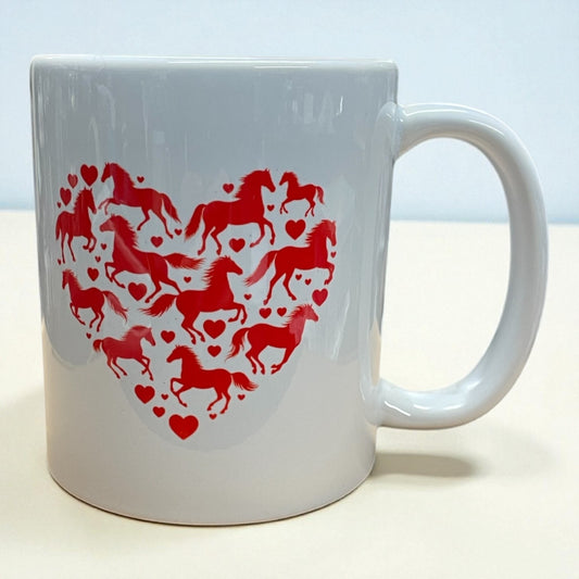 Equestrian theme ceramic mug 11oz red horses and hearts