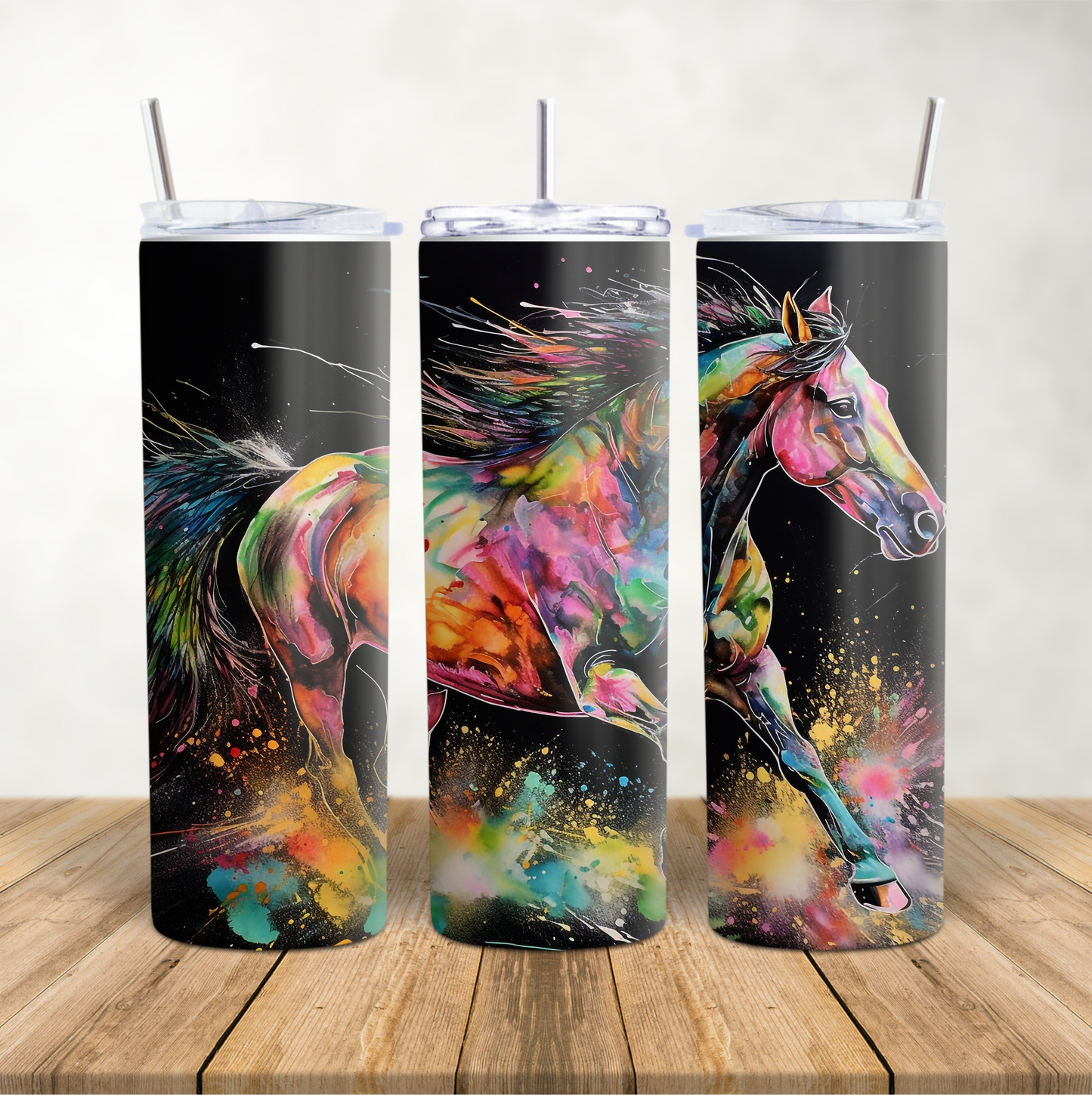 20oz Skinny Tumbler for hot & cold drinks neon galloping horse