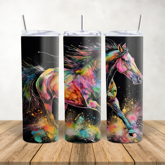 20oz Skinny Tumbler for hot & cold drinks neon galloping horse