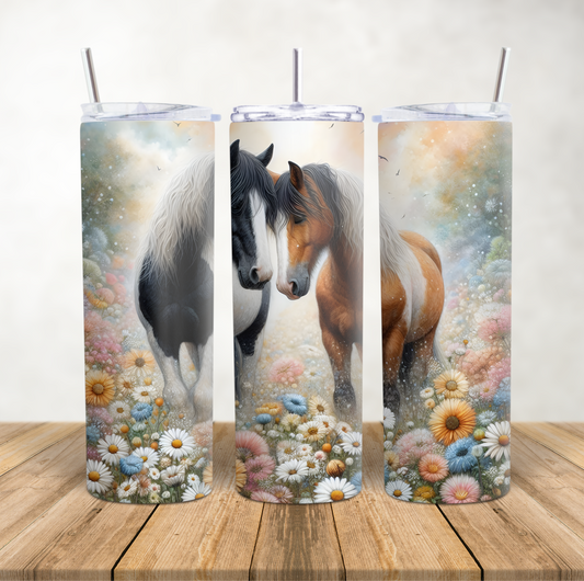 20oz Skinny Tumbler for hot & cold drinks "Piebald & Skewbald horses flowers"