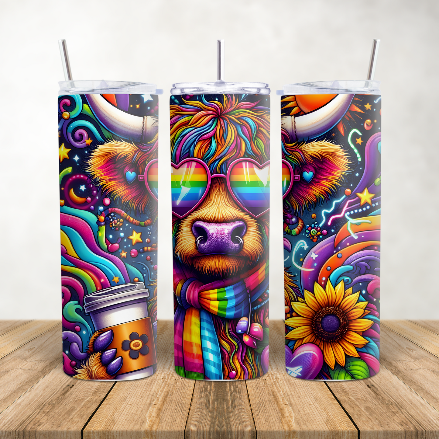 20oz Skinny Tumbler for hot & cold drinks Psychedelic Highland Cow