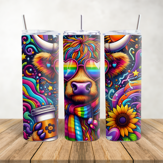 20oz Skinny Tumbler for hot & cold drinks Psychedelic Highland Cow