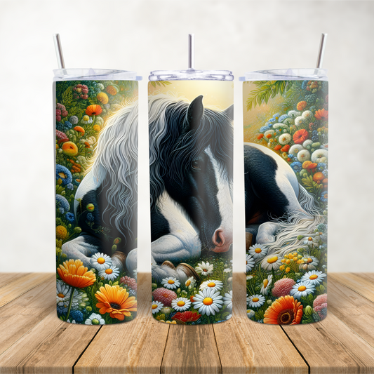 20oz Skinny Tumbler for hot & cold drinks "Piebald horse laying down flowers"