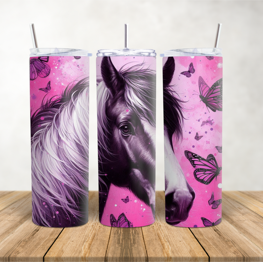 20oz Skinny Tumbler for hot & cold drinks Piebald horse & butterflies pink