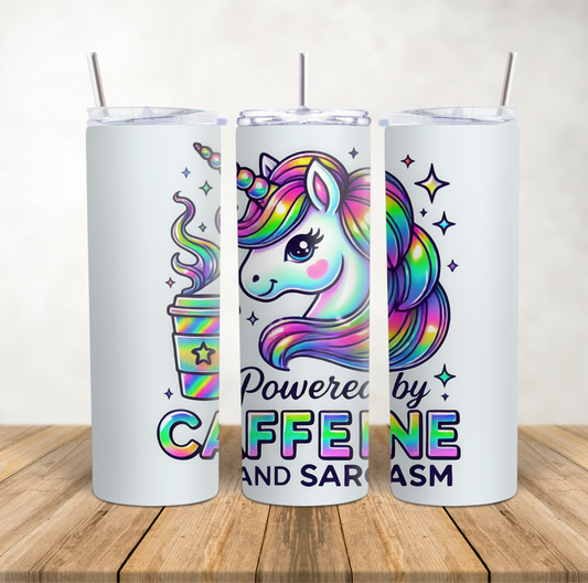 20oz Skinny Tumbler funny unicorn theme "Powered by caffeine & sarcasm"