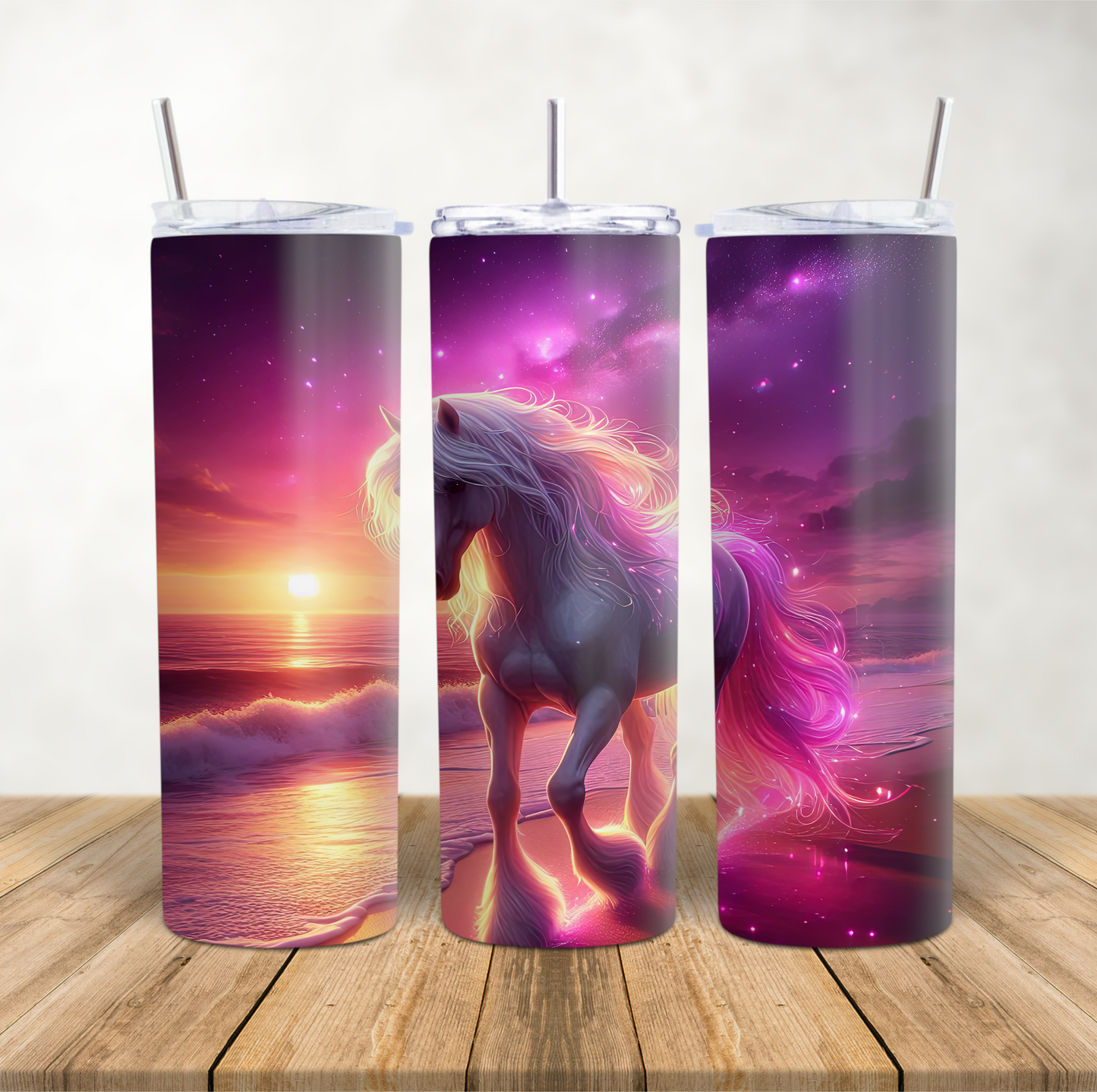 20oz Skinny Tumbler for hot & cold drinks Purple haze beach sunset horse
