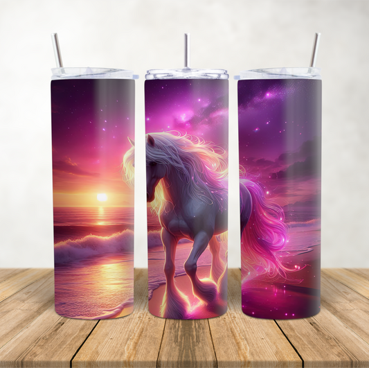 20oz Skinny Tumbler for hot & cold drinks Purple haze beach sunset horse