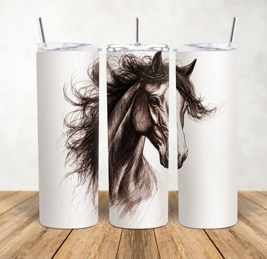 20oz Skinny Tumbler for hot & cold drinks pencil sketched horse head