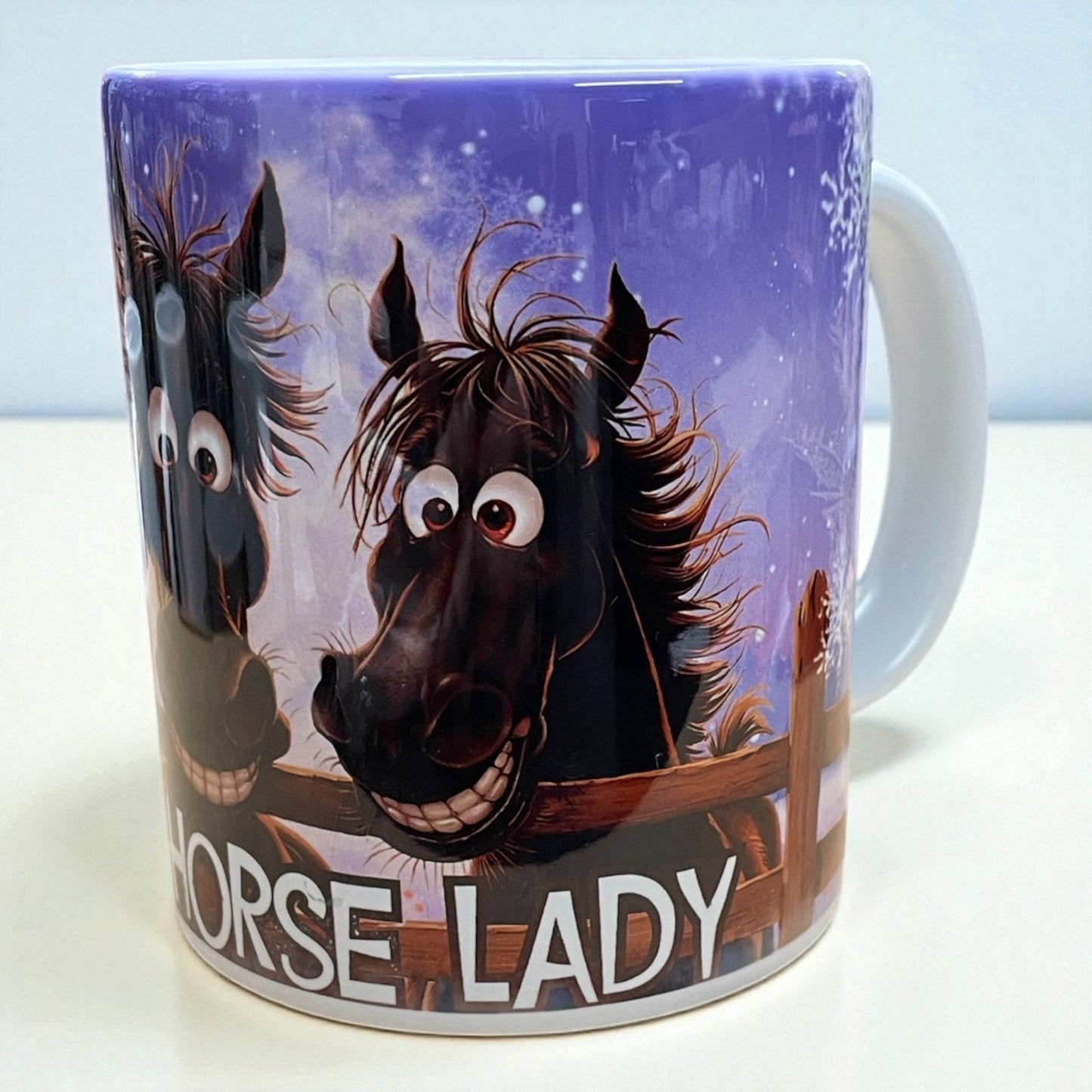 Equestrian theme Ceramic mug 11oz Winter/Christmas "Crazy horse lady“